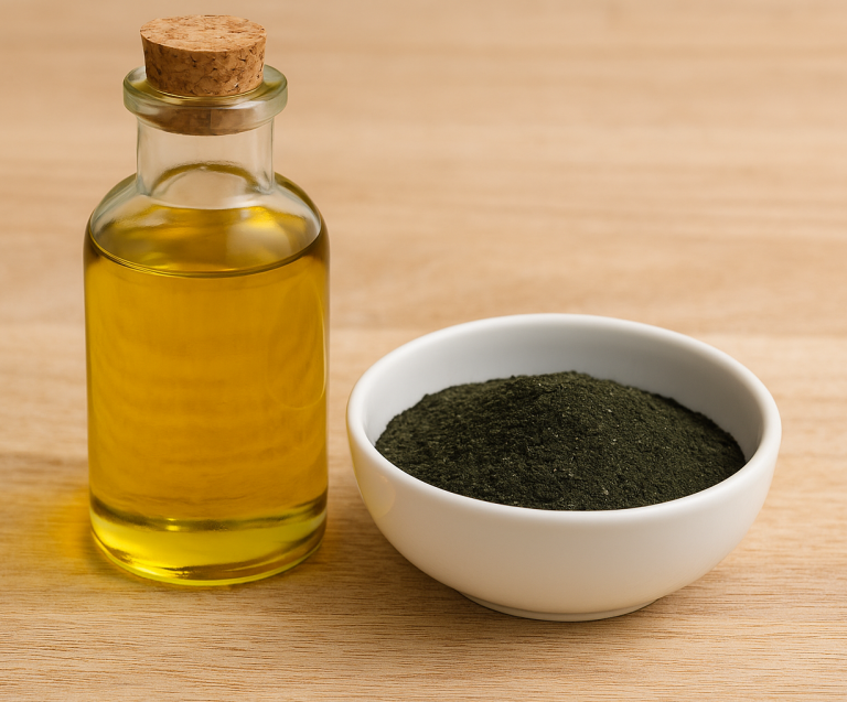 BARF Zusätze: Öl und Seealgenmehl für ein ausgewogenes Nährstoffverhältnis im Futterplan.