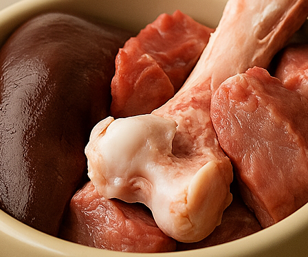 BARF Komponenten: Rohe fleischige Knochen (RFK), Muskelfleisch und Innereien für ausgewogene Futterpläne.