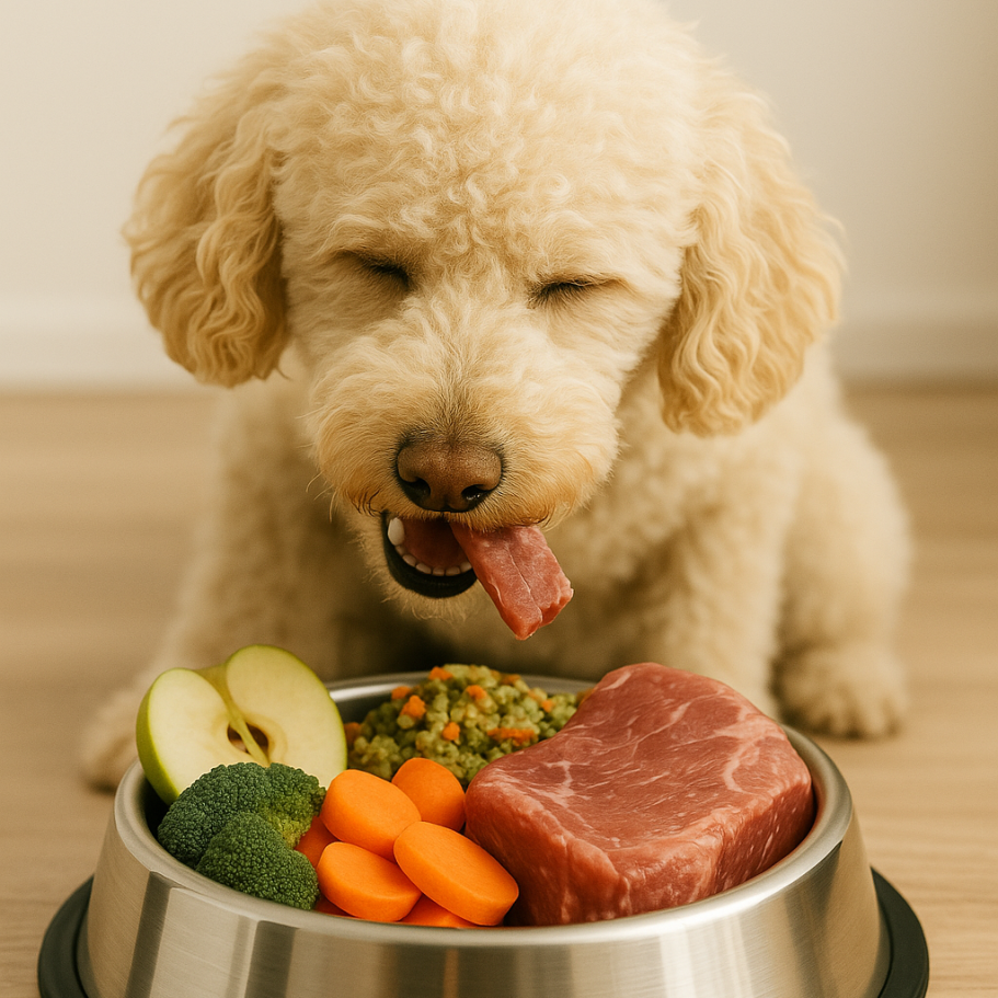 Start in die Rohfütterung: Hund genießt seinen ausgewogenen BARF Futterplan mit Fleisch und Gemüse.