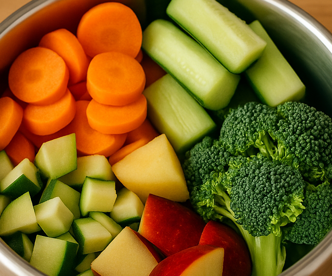 Frisches Obst und Gemüse als Vitamin- und Ballaststofflieferant für den BARF-Futterplan.